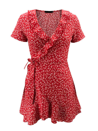 Summer Floral Bandage Mini Dress V Neck Ruffles A Line Chic