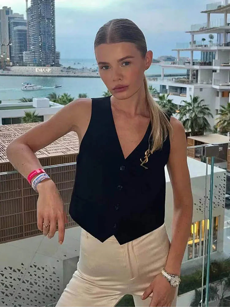Sleeveless Cropped Vest Single Breasted V Neck Pocket Summer
