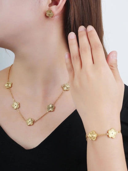 Luxury Stainless Steel Five Leaf Flower Jewelry Set for Women Featuring Bracelet Necklace Earrings and Rings