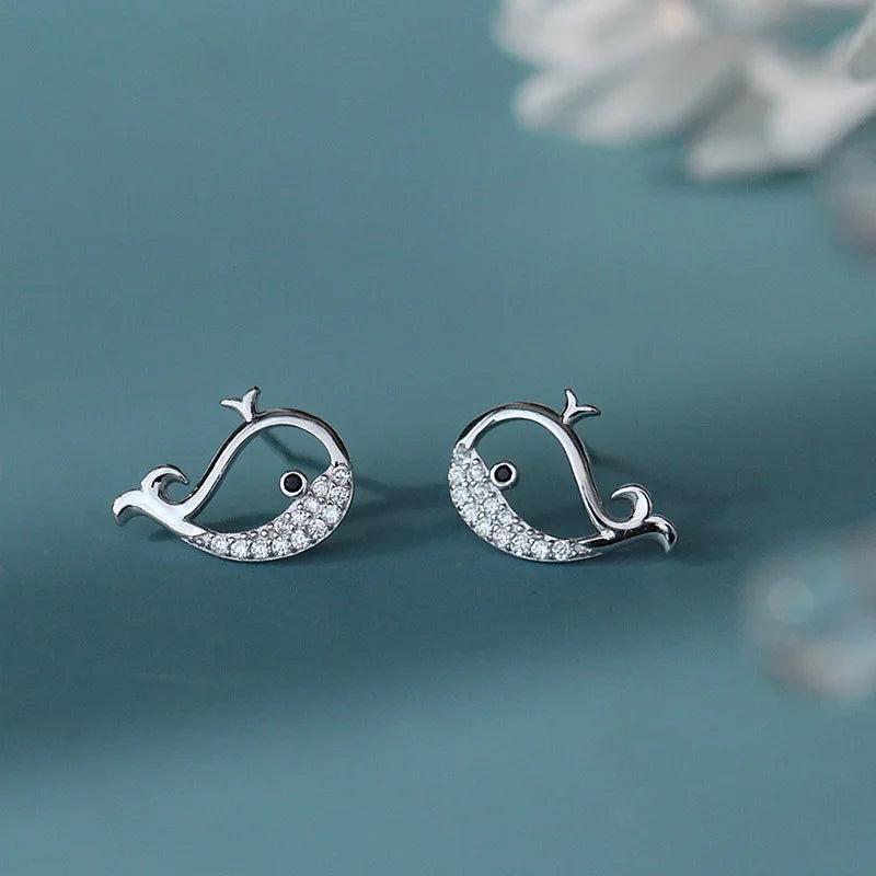 Sterling Silver Whale Stud Earrings for Women with Zircon Gemstones