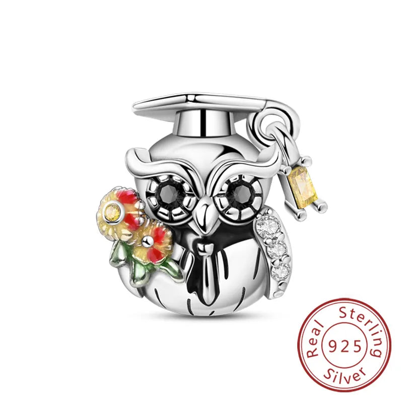 925 Sterling Silver Owl Bow Zircon Charm Beads Pendant