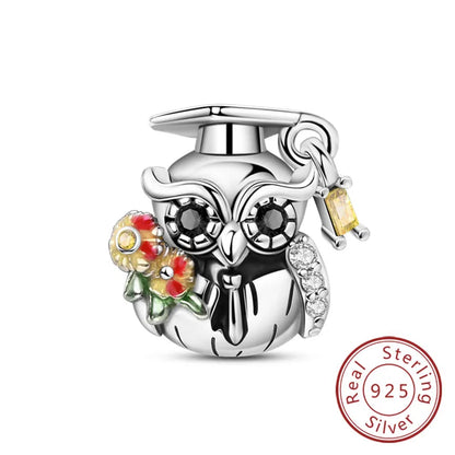 925 Sterling Silver Owl Bow Zircon Charm Beads Pendant