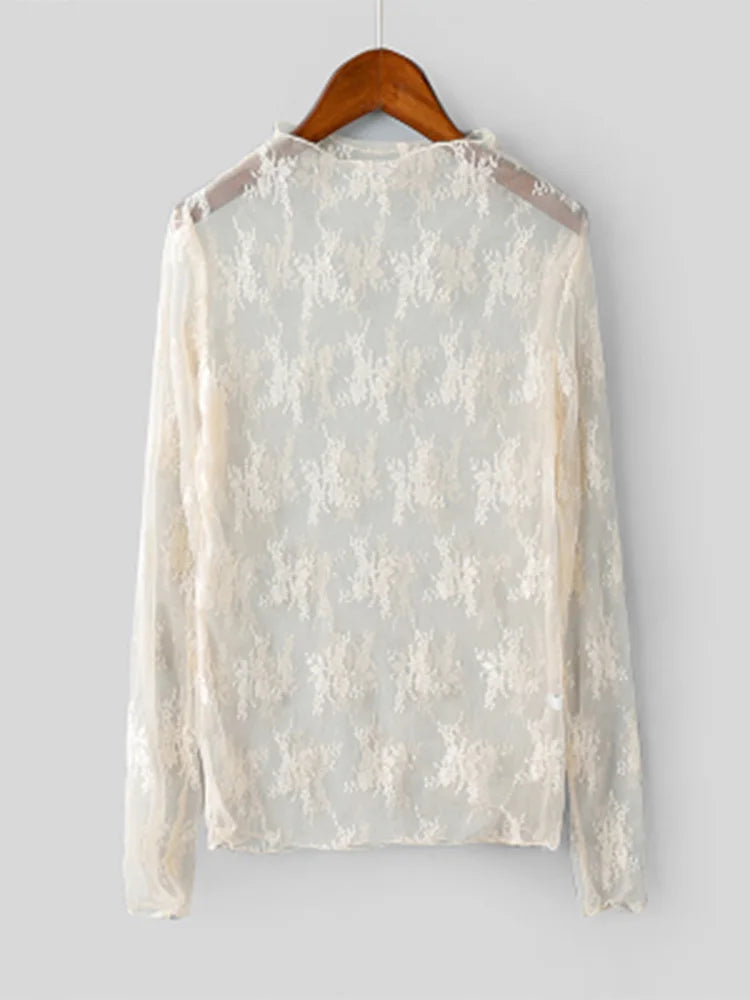 Summer Lace Embroidered Mesh Blouse See Through Black Top