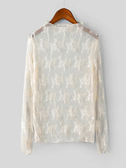 Summer Lace Embroidered Mesh Blouse See Through Black Top