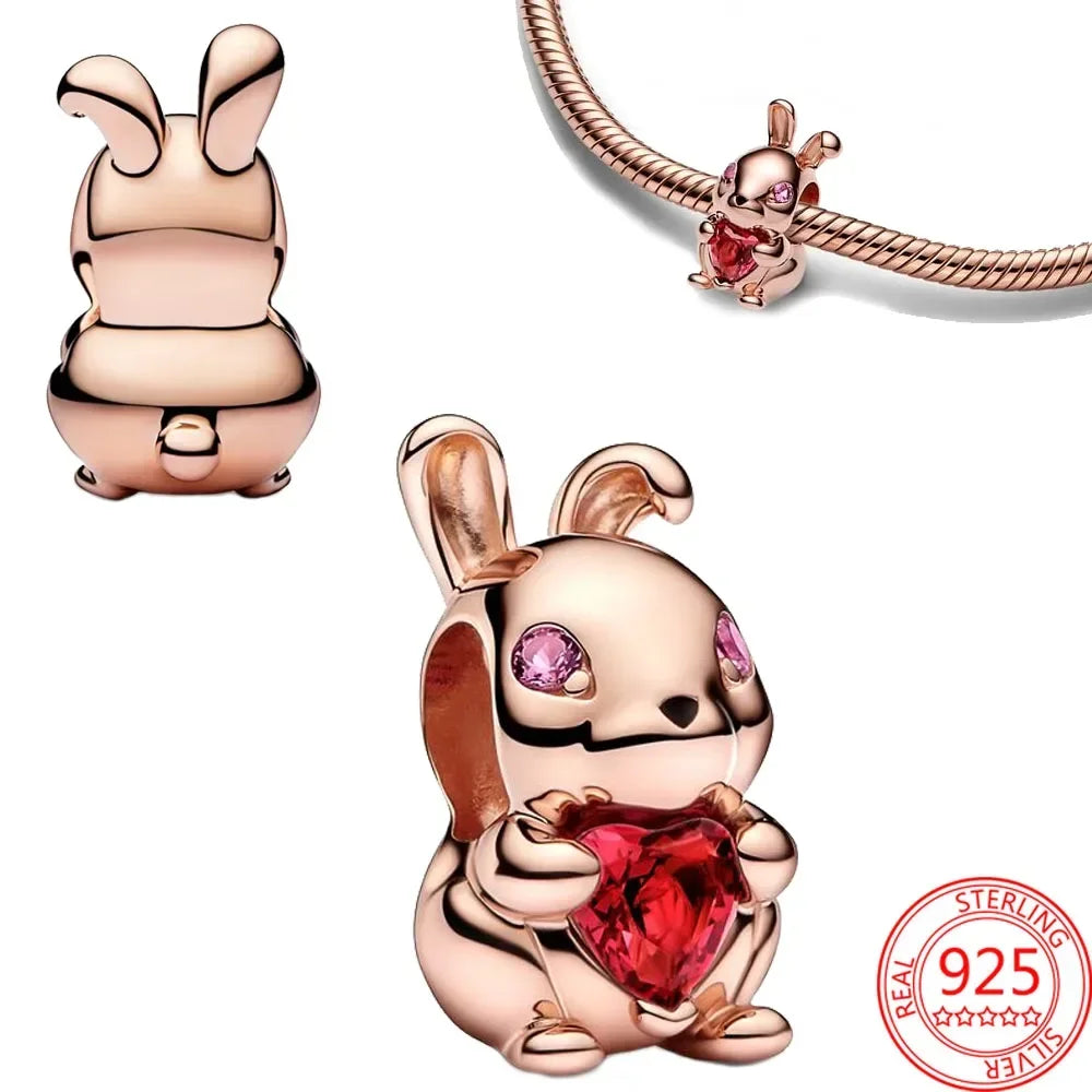 925 Sterling Silver Red Love Bunny Dog Skull Ladybug Flower Zircon Beads Charms for DIY Women Bracelet Necklace Gift