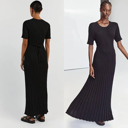 Knitted Women Long Dress Short Sleeve Pleated Lady Dresses black