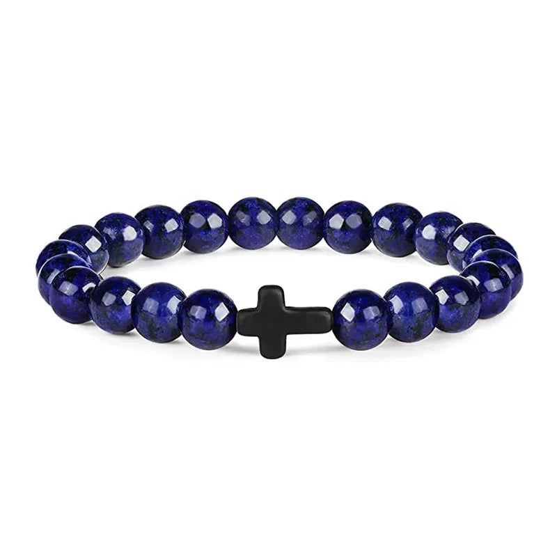 Men's Hematite Cross Bracelet with Natural Stone and Wood Beads for Meditation and Yoga Royalblue