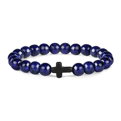 Men's Hematite Cross Bracelet with Natural Stone and Wood Beads for Meditation and Yoga Royalblue