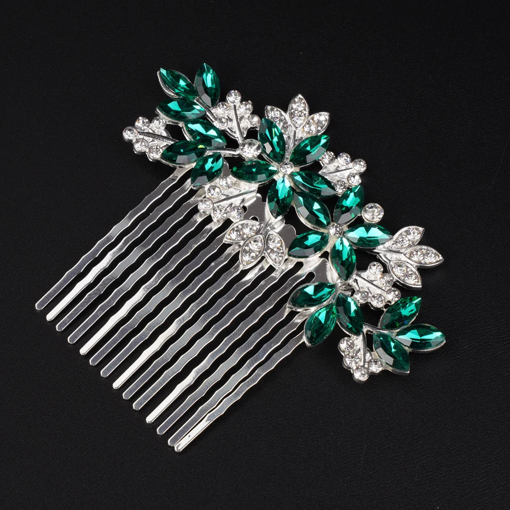 Elegant Bridal Silver Blue Rhinestone Flower Leaf Hair Comb for Weddings and Special Occasions