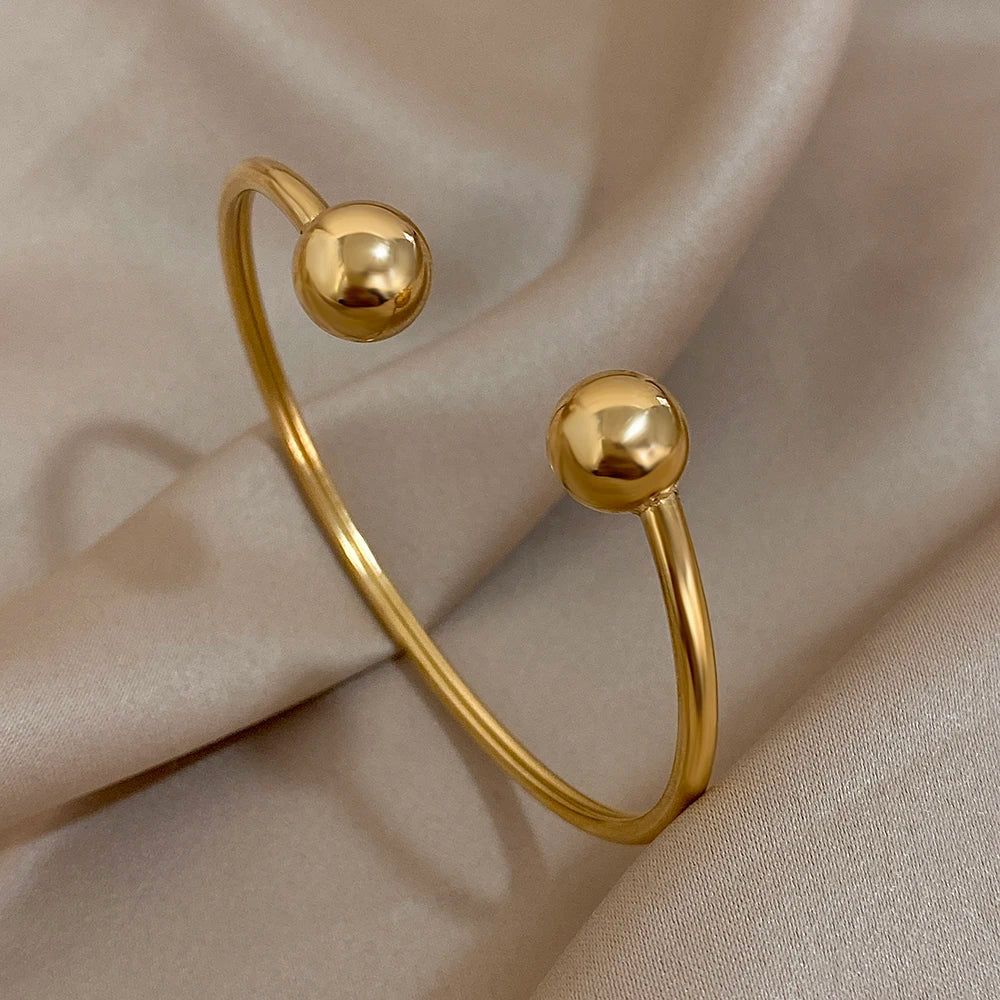 Greatera Gold Plated Minimalist Double Ball Stainless Steel Women's Cuff Bracelet