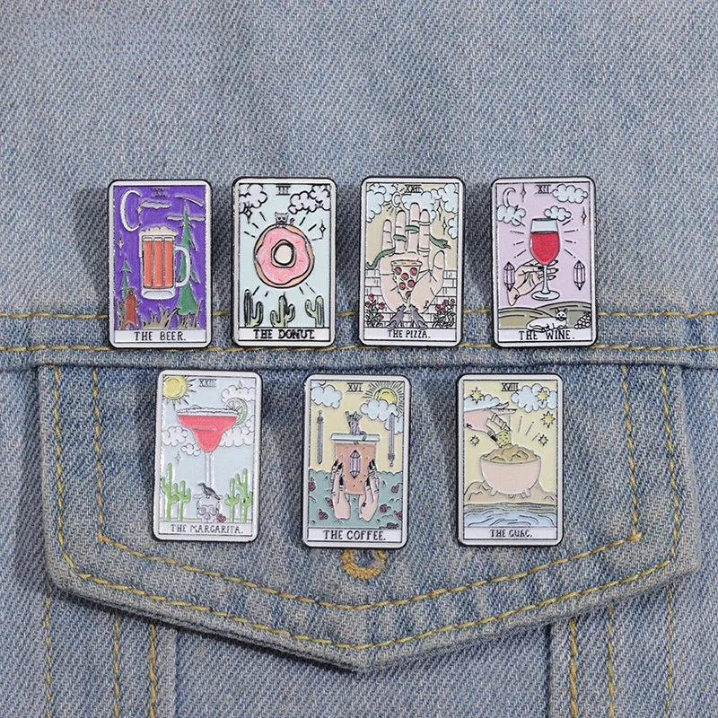 Custom Tarot Enamel Pins Set Featuring Beer Donut Wine Coffee Pizza Brooches for Unique Punk Gothic Jewelry Gifts