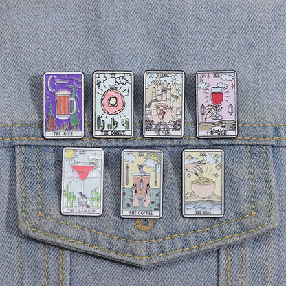 Custom Tarot Enamel Pins Set Featuring Beer Donut Wine Coffee Pizza Brooches for Unique Punk Gothic Jewelry Gifts