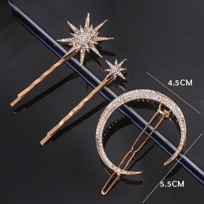 Vintage Moon and Star Rhinestone Hairpin for Women Bridal Accessories