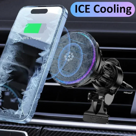 Ice Cooling Magnetic Wireless Car Charger Fast Charging Station for iPhone 16 15 14 13 12 Pro Max MacSafe Car Phone Holder