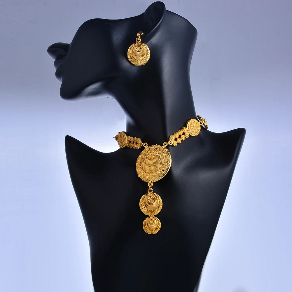 Dubai Gold Color African Jewelry Set for Women and Girls - Elegant Arabic Indian Wedding Necklace and Earrings