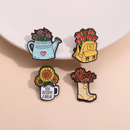Whimsical Break Enamel Pin Set with Floral Bicycle and Watering Can Designs for Backpacks and Parties