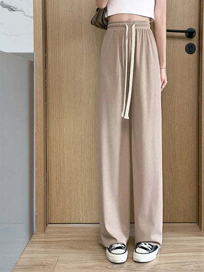Summer Lace Up Wide Leg High Waist Pants for Women Ice Silk