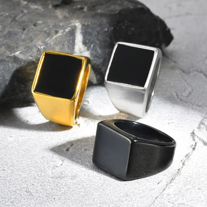 Vnox Black Stainless Steel Signet Ring for Men with Enamel Geometric Top