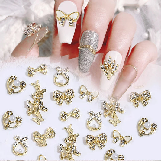Elegant Gold Silver Metal Bowknot Nail Charm 3D Rhinestone Decor for DIY Manicure Art