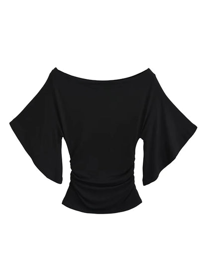 Dozw Women Off Shoulder Bat Sleeve Slim Top Cinched Waist