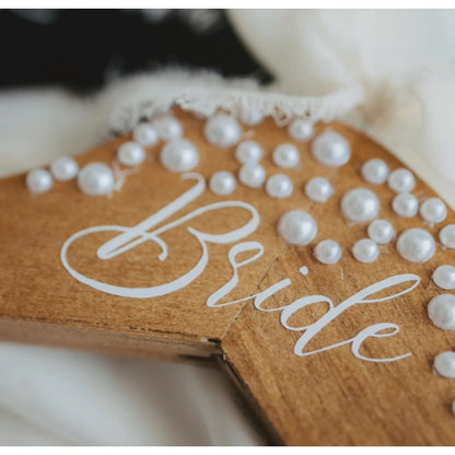 Elegant Bride and Groom Pearl Engraved Wedding Hangers Set for Bridal Dress and Suit