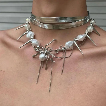 Layered Spider Tassel Necklace Punk Rock Leather Choker for Women