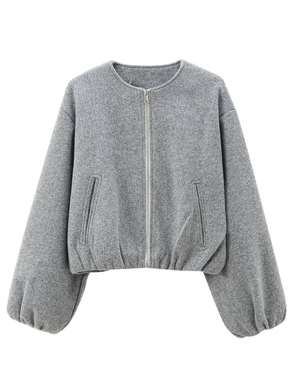 Soft Bomber Jacket For Women Front Zipper Long Sleeve Coat