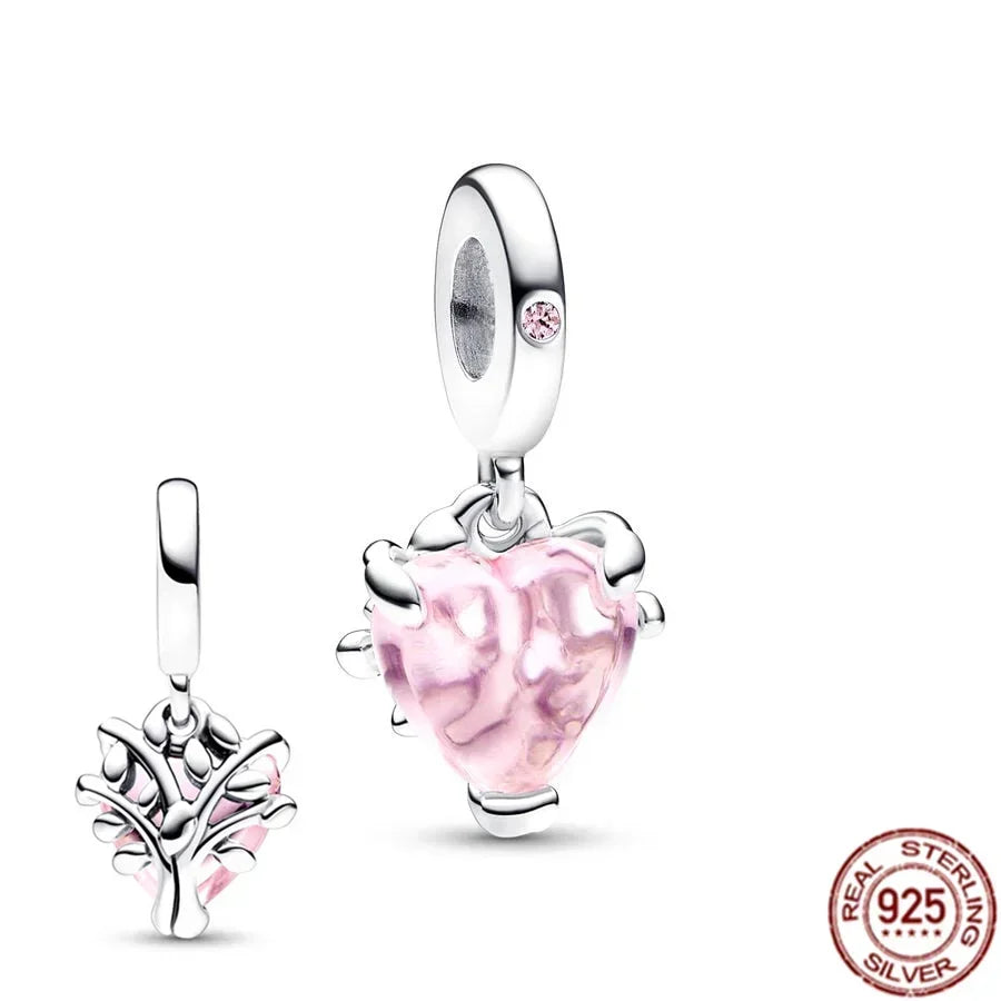 Romantic 925 Sterling Silver Pink Lipstick Heart Bow Rose Flower Zircon Charm Bead for DIY Bracelet Jewelry Gift