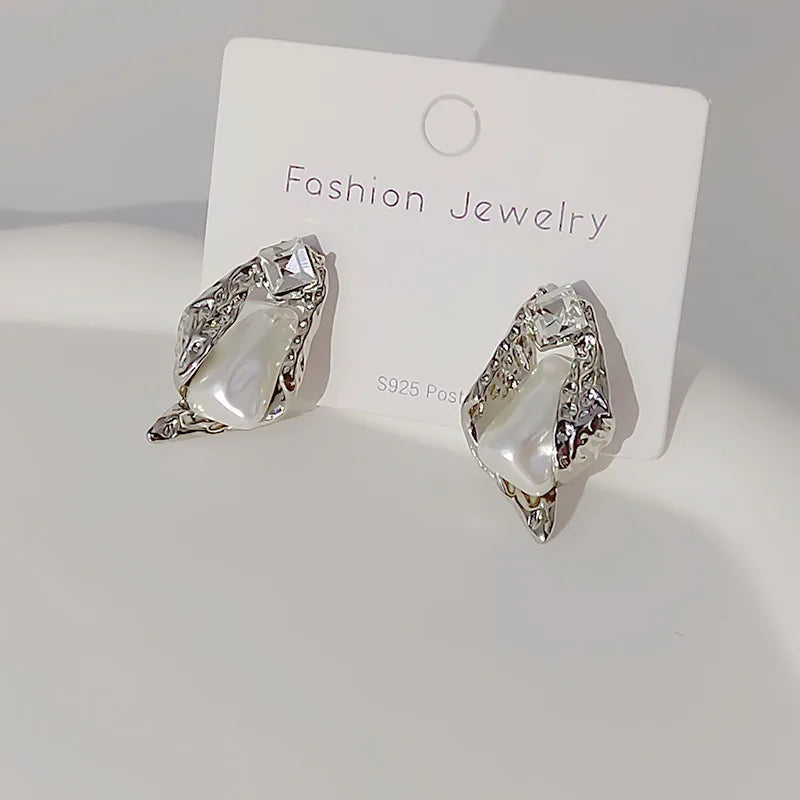 Irregular Zircon Pearl Earrings for Women with Special-Shaped Korean Design