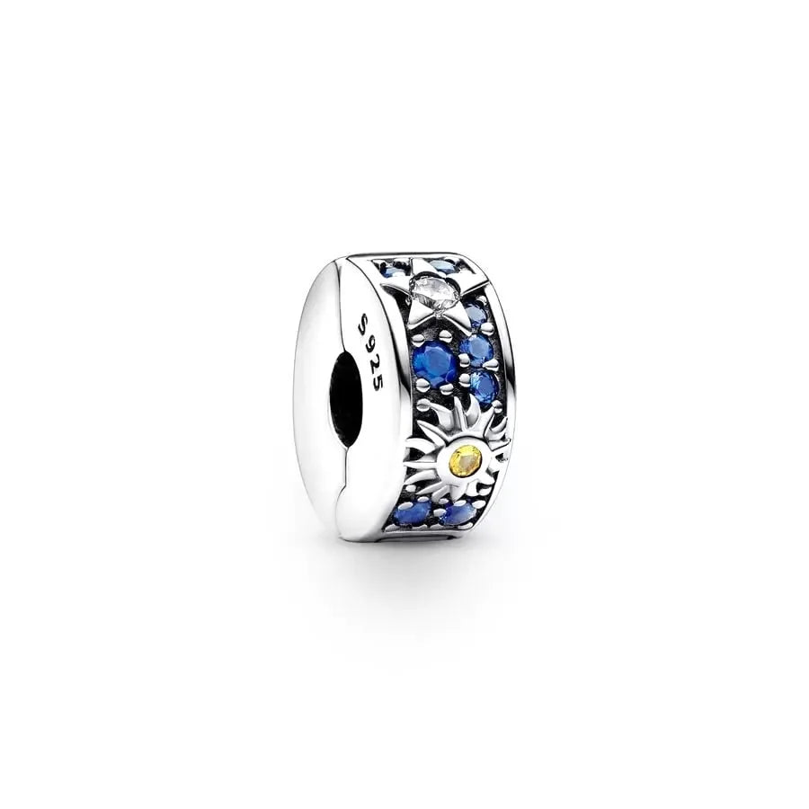 Sterling Silver Pave Star Crescent Moon Bead Bracelet