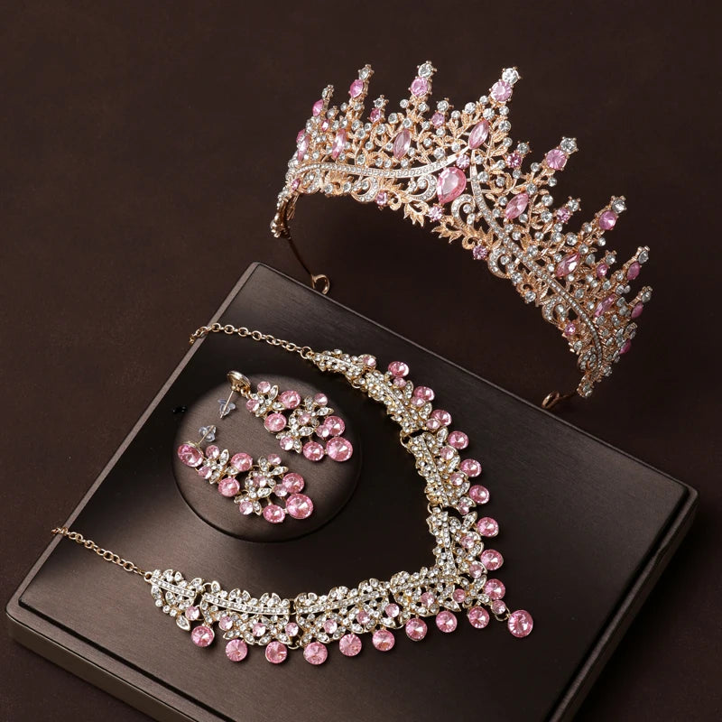 Itacazzo Gold Bridal Headwear Set with Crown, Necklace, and Earrings for Women