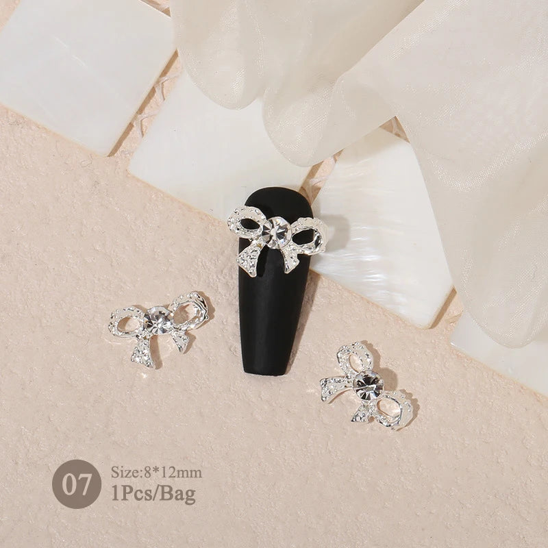 Elegant Gold Silver Metal Bowknot Nail Charm 3D Rhinestone Decor for DIY Manicure Art