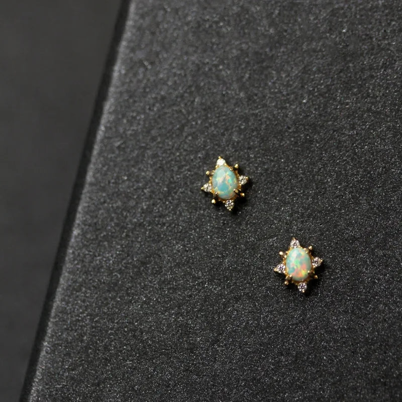 Vintage 925 Sterling Silver Opal Stud Earrings for Women Birthday Party Gift