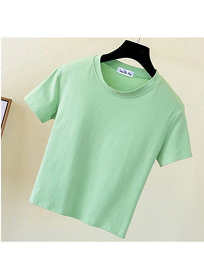 Dozw Women Cotton Crop Top O Neck Short Sleeve Slim Fit Tee