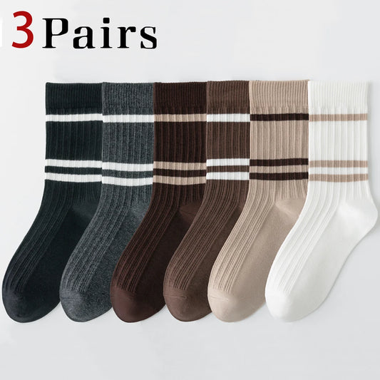 3 Pairs Retro Athletic Mid Calf Double Knit Socks Women