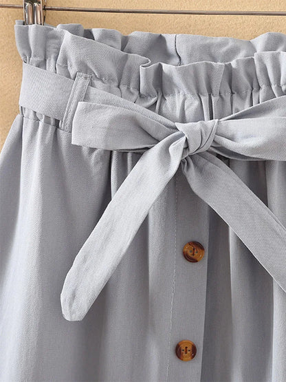 Summer Autumn Midi Pleated High Waist Button Skirt Women