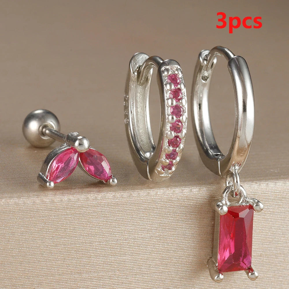 Elegant Rose Red Zircon Stainless Steel Hoop Earrings Set for Women