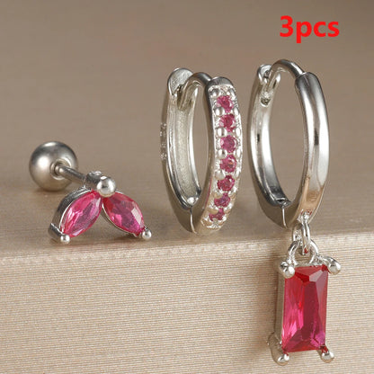 Elegant Rose Red Zircon Stainless Steel Hoop Earrings Set for Women