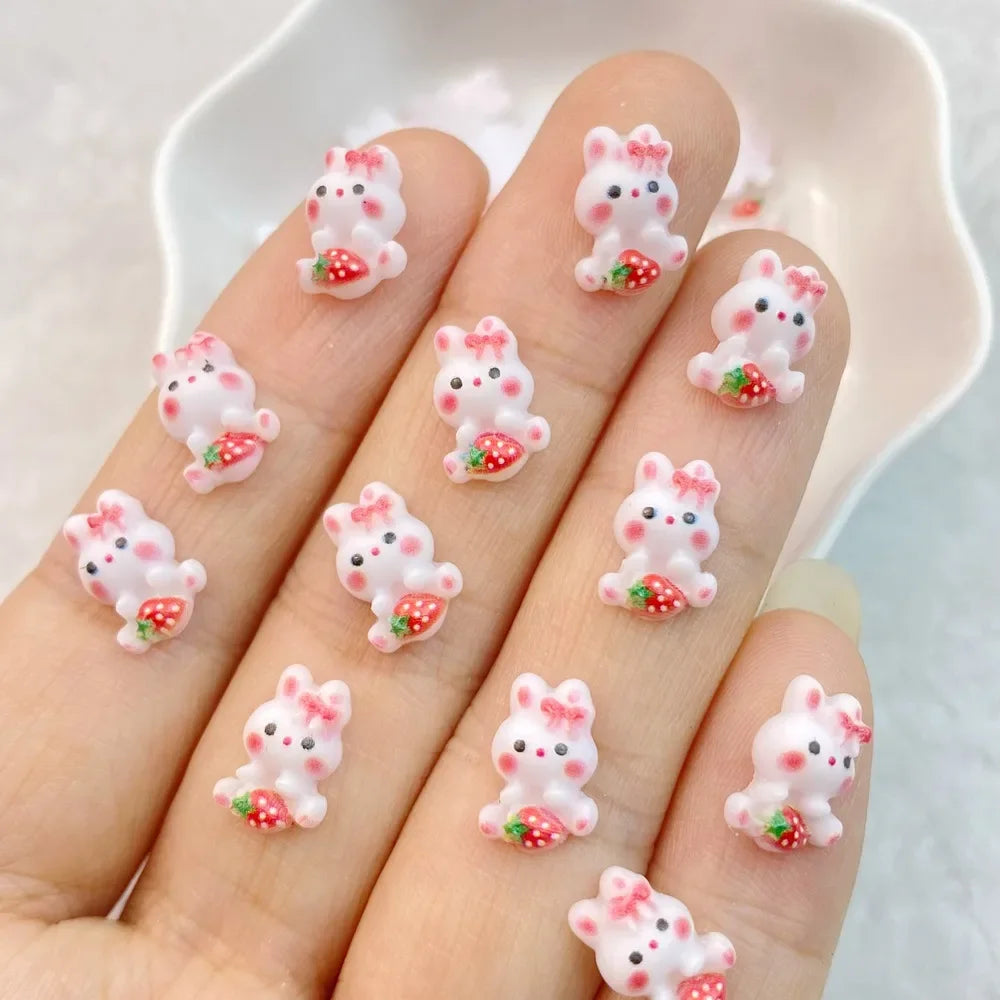 Charming Strawberry Rabbit Nail Art Decorations Set Resin 3D DIY Manicure Accessories 30 Pieces