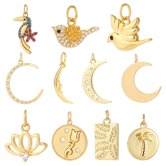 Charming Gold Moon Flower Bird Pendant for DIY Jewelry Making