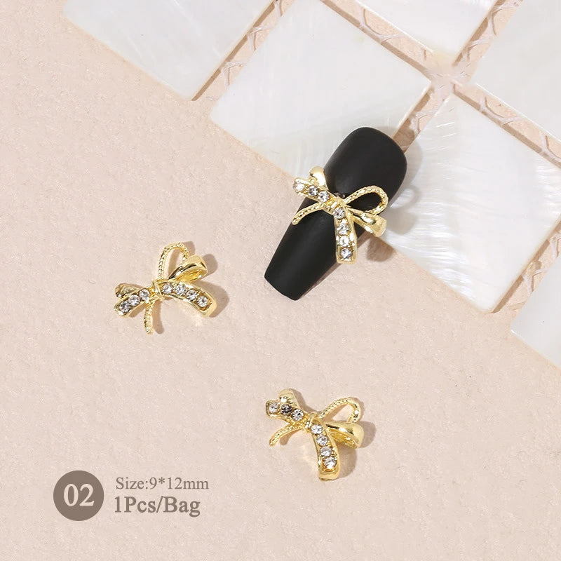 Elegant Gold Silver Metal Bowknot Nail Charm 3D Rhinestone Decor for DIY Manicure Art
