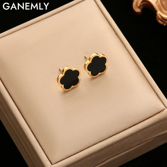 Ganemly 316L Stainless Steel Black Five Leaf Clover Stud Earrings for Women Trendy Waterproof Ear Jewelry Gift