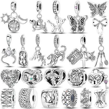Silver Star Moon Heart Charm Bracelet with CZ Beads and Angel Wing Pendant for Women