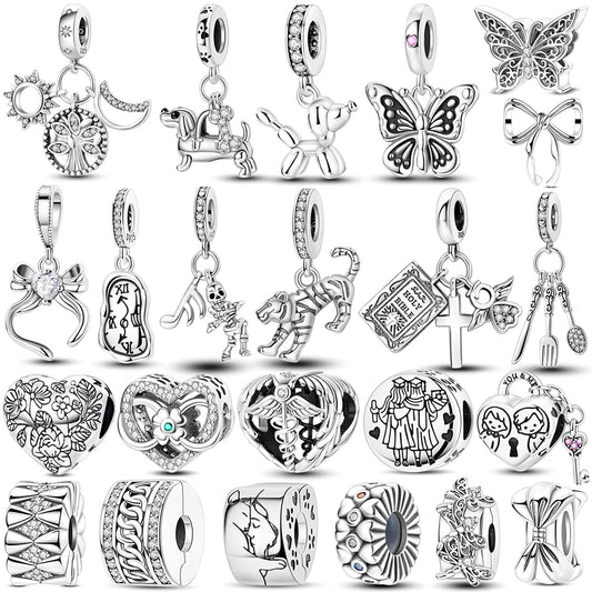 Silver Star Moon Heart Charm Bracelet with CZ Beads and Angel Wing Pendant for Women