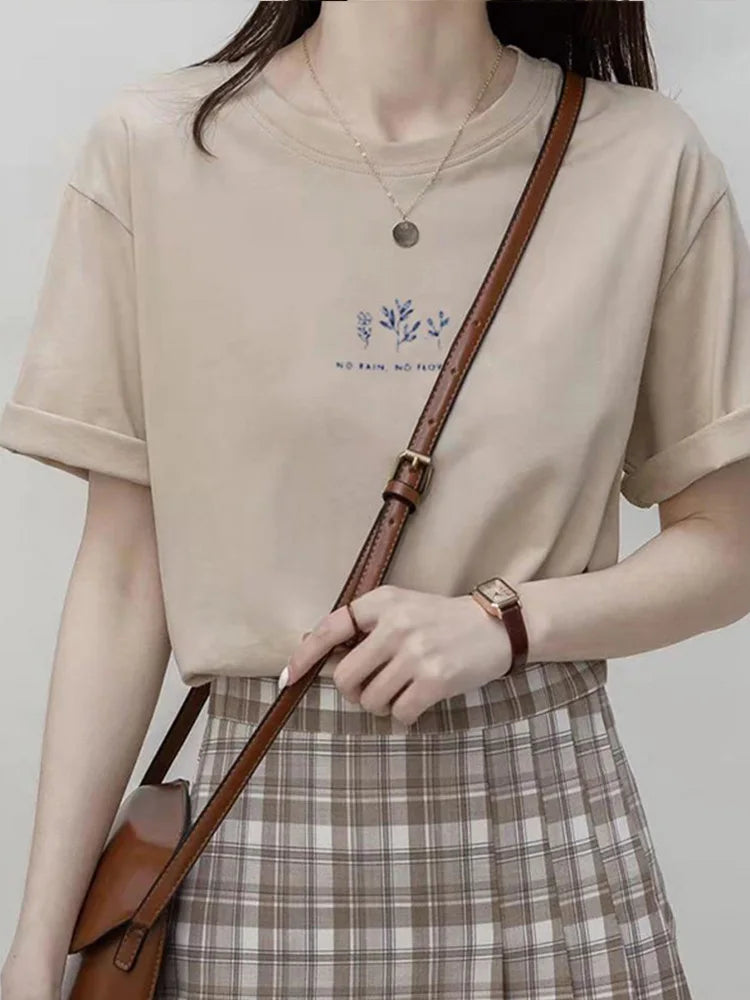 Korean Round Neck Summer Tee Women Loose Plant Print