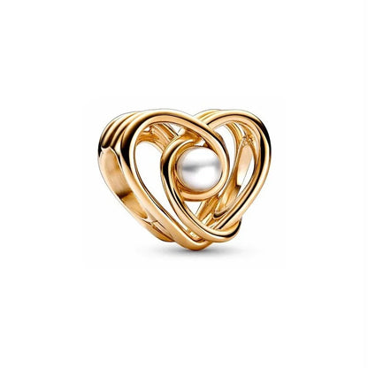 Gold Plated Pink Daisy And Clear Heart Charm Bead 925