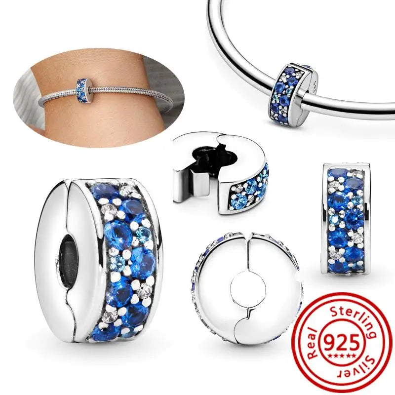 Sterling Silver Blue Zircon Feather Crown Moon Pendant Charm Bracelet Beads Y185LAN 3mm-4mm