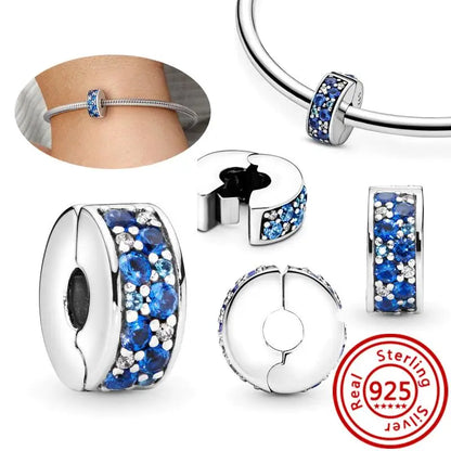 Sterling Silver Blue Zircon Feather Crown Moon Pendant Charm Bracelet Beads Y185LAN 3mm-4mm