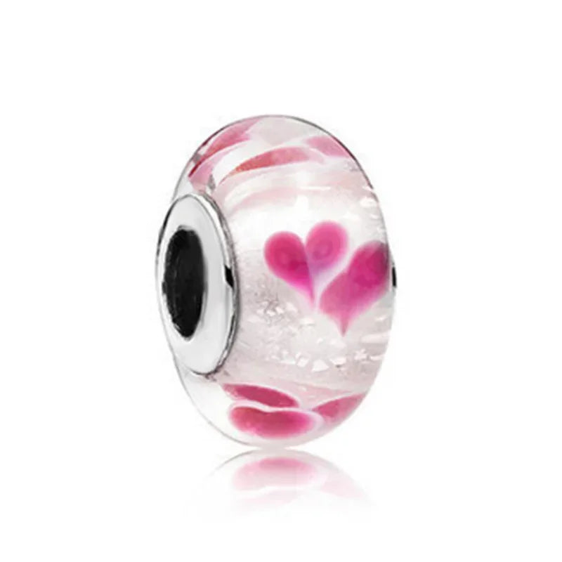 Romantic 925 Sterling Silver Pink Lipstick Heart Bow Rose Flower Zircon Charm Bead for DIY Bracelet Jewelry Gift