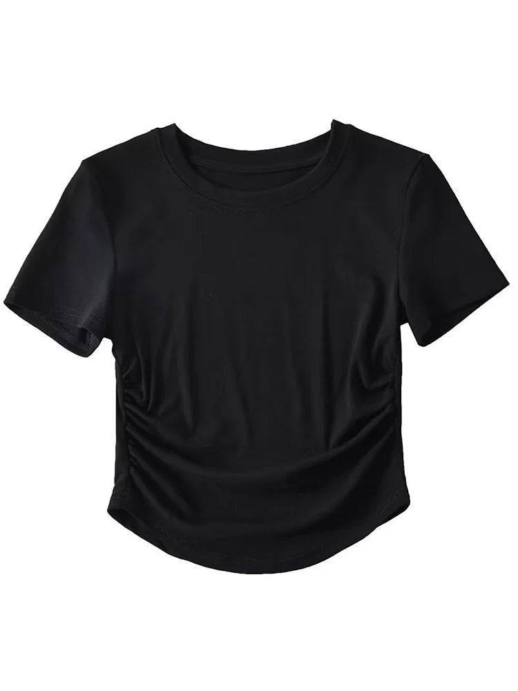 Harajuku 2024 Womens Crew Neck Ruched Side Cotton Tee